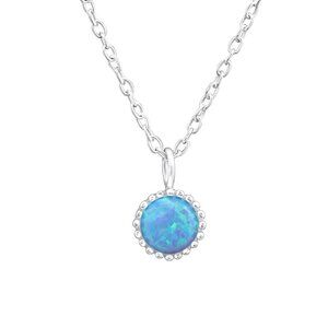 Sterling Silver Necklace W/ Round Blue Opal Pendant 6mm, 18 inch Chain Beach Gif